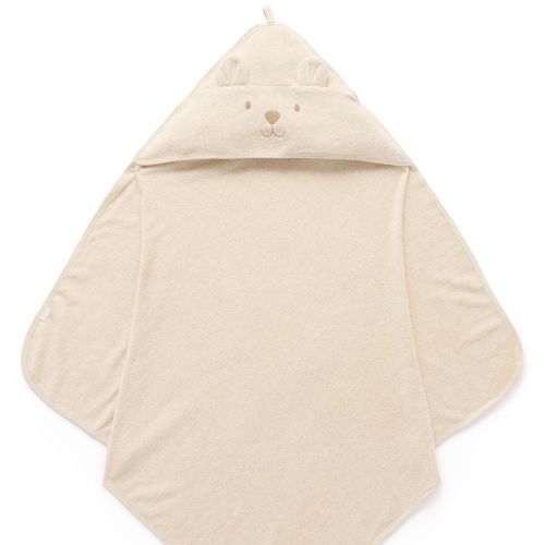 Beige hooded towel with bear face design on a white background