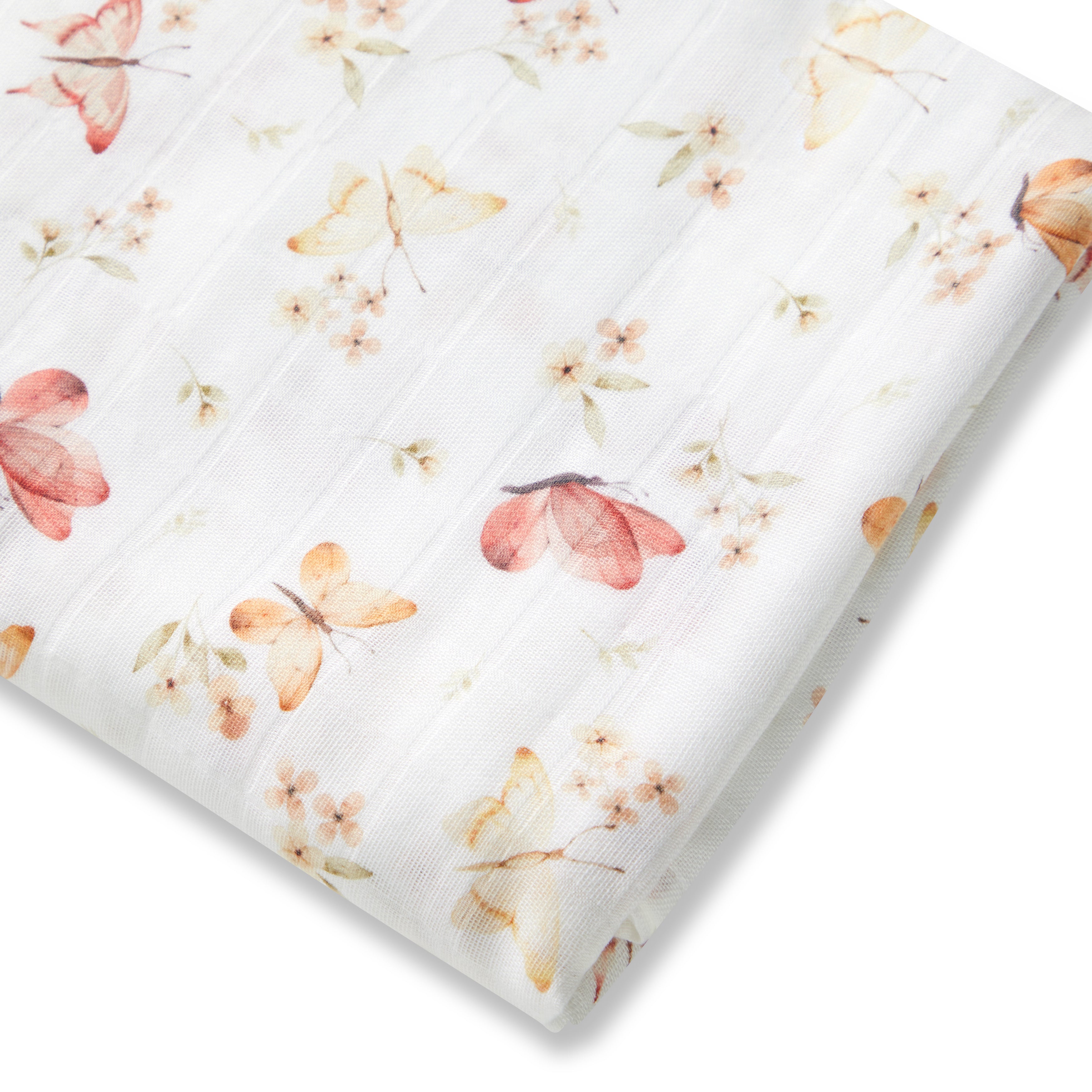 Floral-patterned fabric with pink and orange flowers and butterflies on a white background