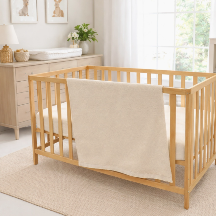 A light natural wood convertible crib or toddler bed with a cream blanket draped over the side, set in a bright, modern nursery next to a wooden dresser.
