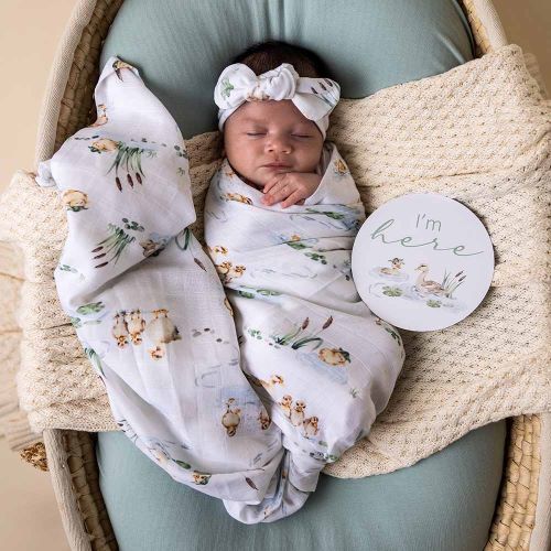 baby sleeping in bassinet wrapped in a muslin wrap and headband