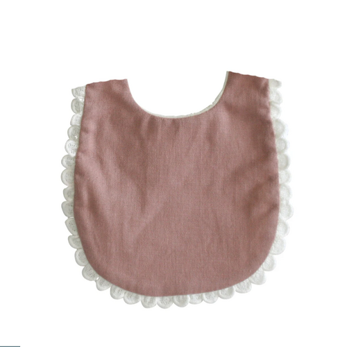 Pink Linen baby girl bib with lace trim