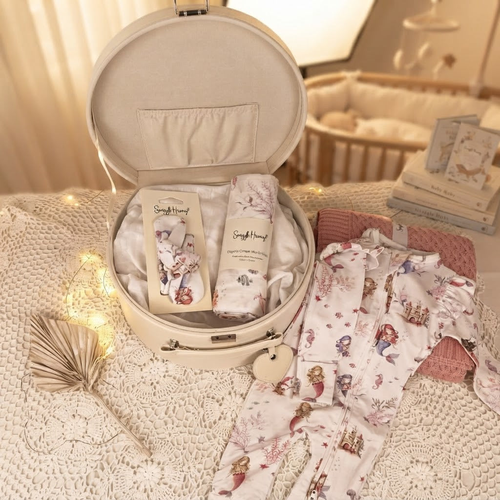 open keepsake box with mermaid print baby onesie, headband and wrap on lace with baby nursery in background