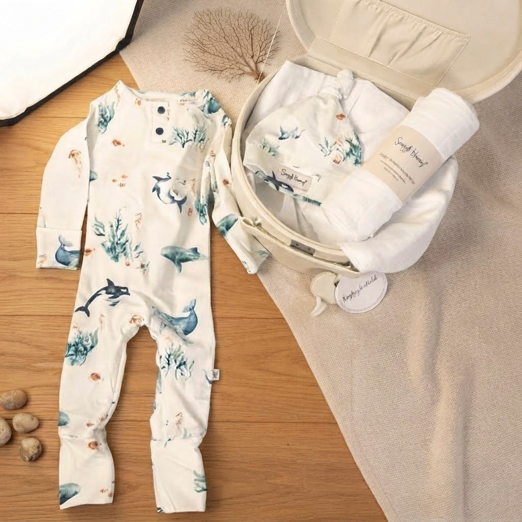 open keepsake box with baby onesie in ocean print with baby beanie and wrap on neutral background with timber flooring