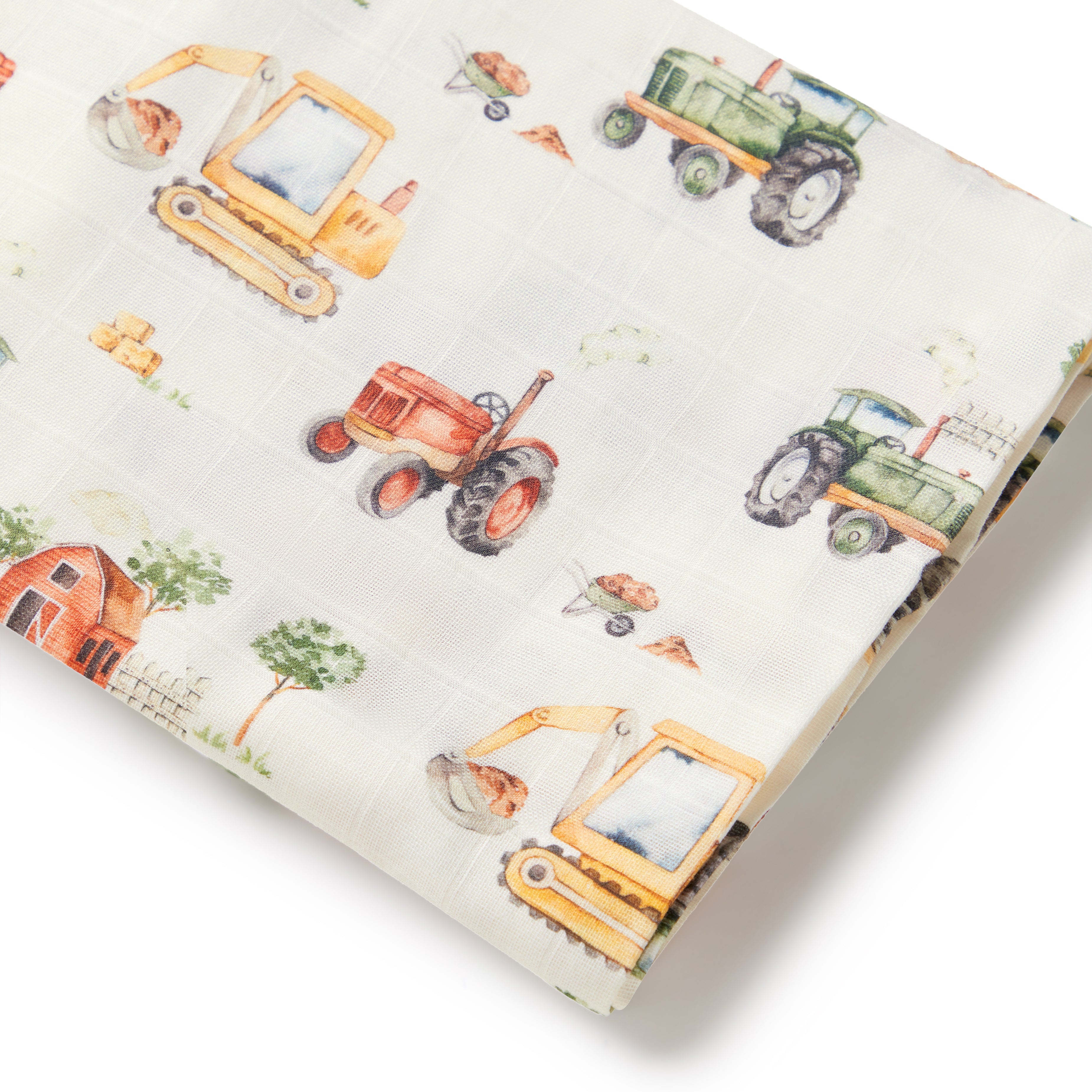 Fabric with construction vehicle pattern on a white background