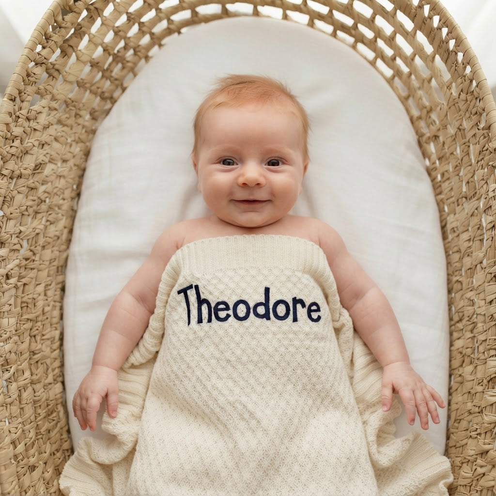 baby smiling at the camera laying in a Moses basket with personalised baby blanket covering baby