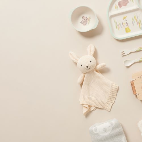 knitted bunny comforter flat lay