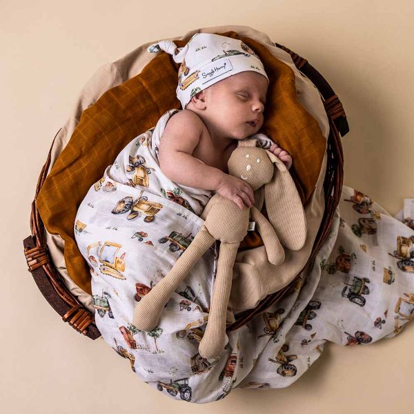 Newborn baby sleeping in a basket with a toy, wrapped in a patterned blanket on a beige background