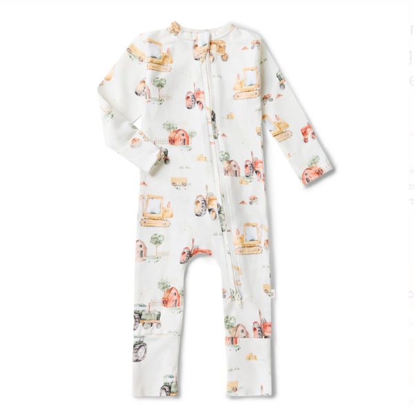 Baby onesie with digger and car print on a white background