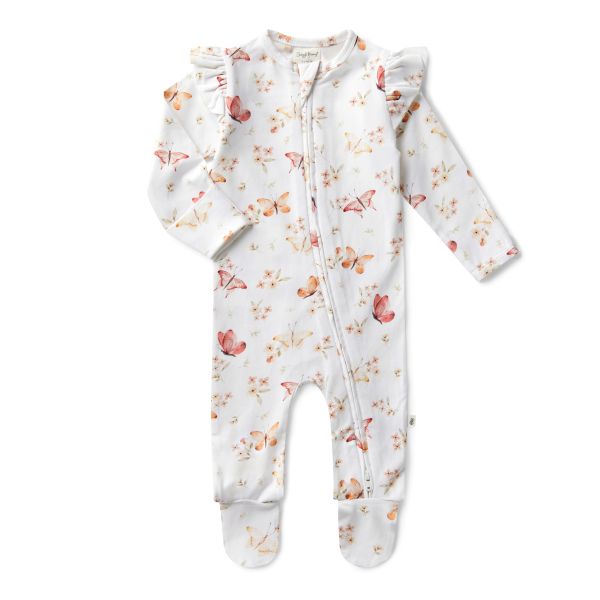 Baby onesie with butterfly pattern on a white background