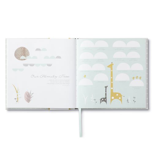 open page inside keepsake journal with giraffe illustration with template to write family tree