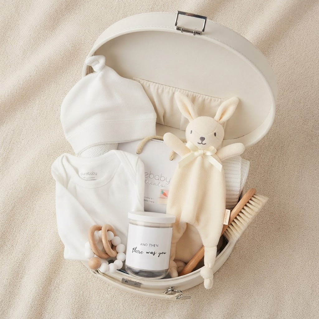 A baby gift set arranged inside an open round cream keepsake box on a soft beige fabric background. The set includes a white onesie, a white bonnet, a cream bunny lovey, wooden teething rings, a small wooden brush, and a white jar candle.