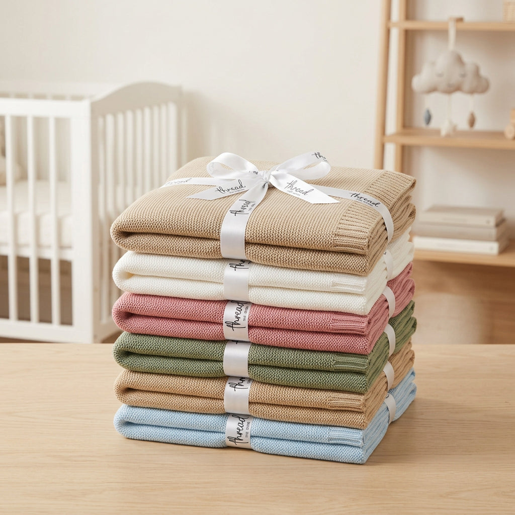 stack of knitted baby blanket