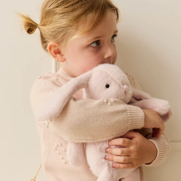 pink plush bunny being hugged by a toddler girl