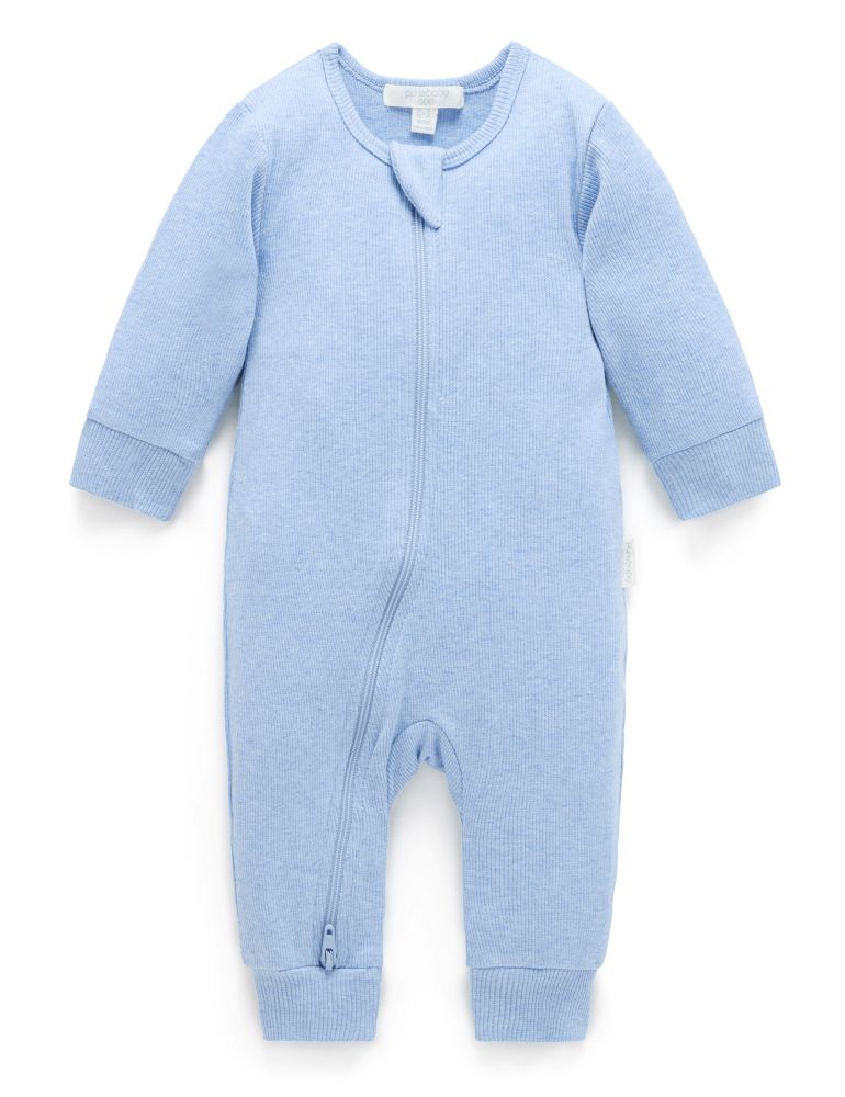 A light blue long-sleeve baby footless one-piece sleeper with a front zipper, ribbed cuffs, and a ribbed foot cuff, shown on a plain white background.