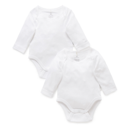 white, easy neck baby body suit with long sleeves