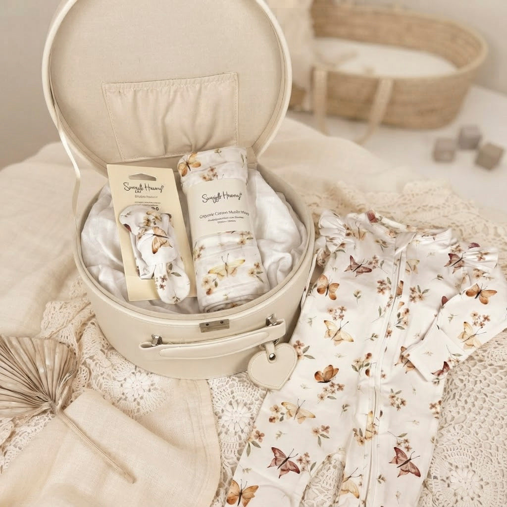 open keepsake box with butterfly print baby onesie, wrap and headband with neutral background