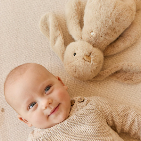 caramel coloured plush bunny laying with baby
