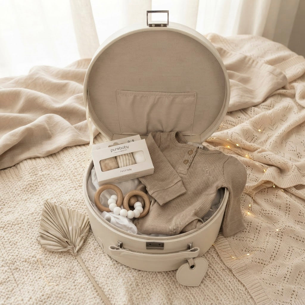 An open round keepsake box styled as a nursery gift set, containing a neutral baby romper, wooden teething rings, a white beaded teether, The suitcase sits on a cozy beige knit blanket with soft curtains and warm fairy lights in the background.