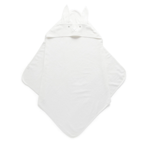 vanilla coloured baby bath towel with hood. Hood has cute bunny face and ears