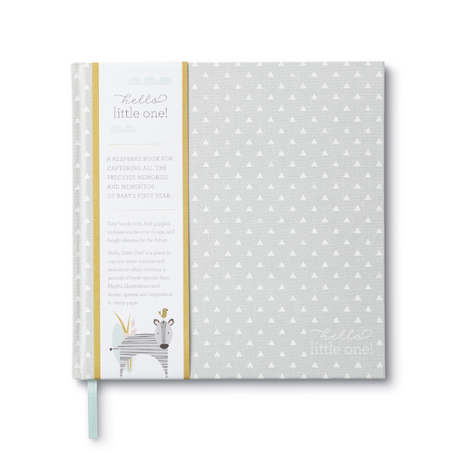 Cloth bound, hardcover keepsake baby journal with grey cover with small white triangles