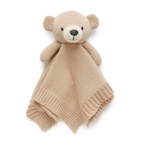 caramel colour knitted bear comforter for babies. Knitted blanket with plush bear head