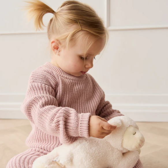 Child in a pink sweater holding a plush lambie toy on a light-colored floor.