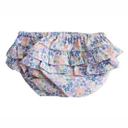 Printed floral nappy cover in pink and blue with ruffles