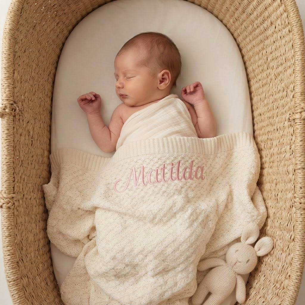 baby sleeping in Moses basket with embroidered personalised baby blanket
