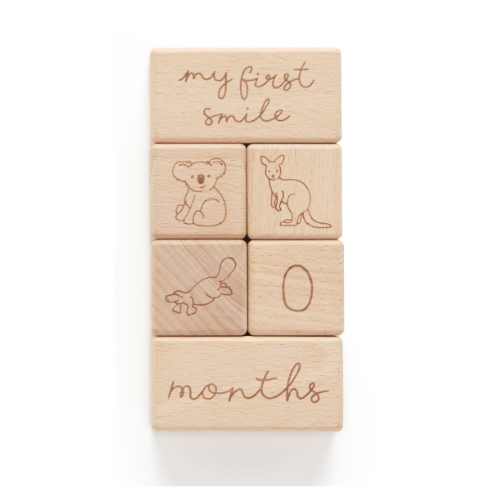 timber blocks with baby milestone statements on them