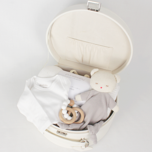 cream keepsake box open with knitted baby blanket, baby bodysuit and teether 