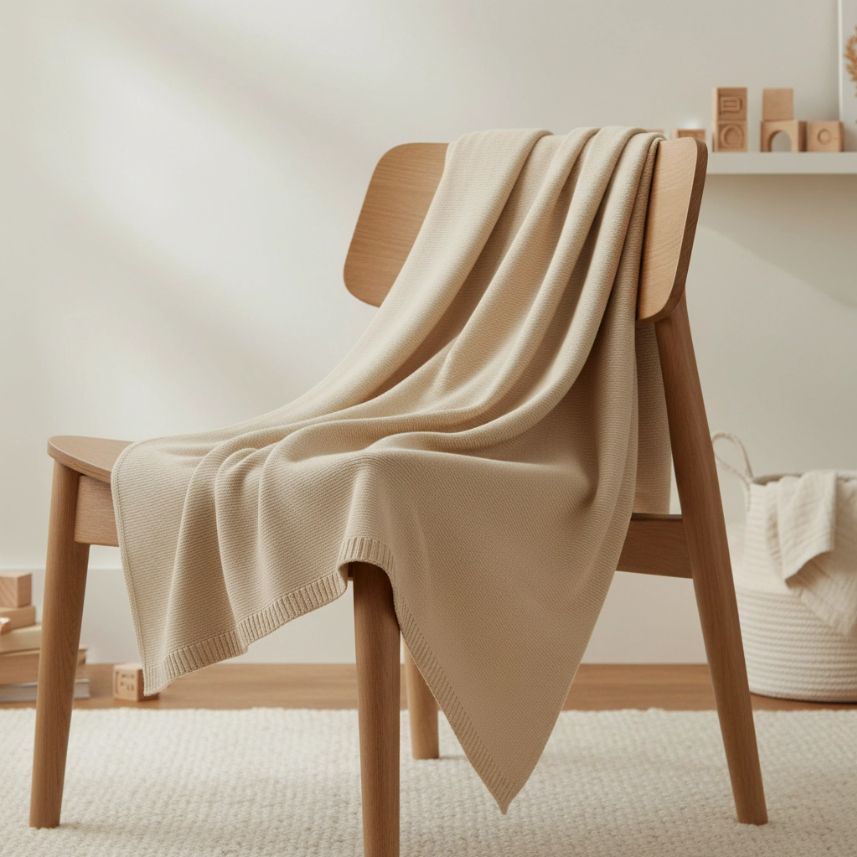 A beige knit baby blanket draped over a light wood chair in a softly lit, minimalist room.