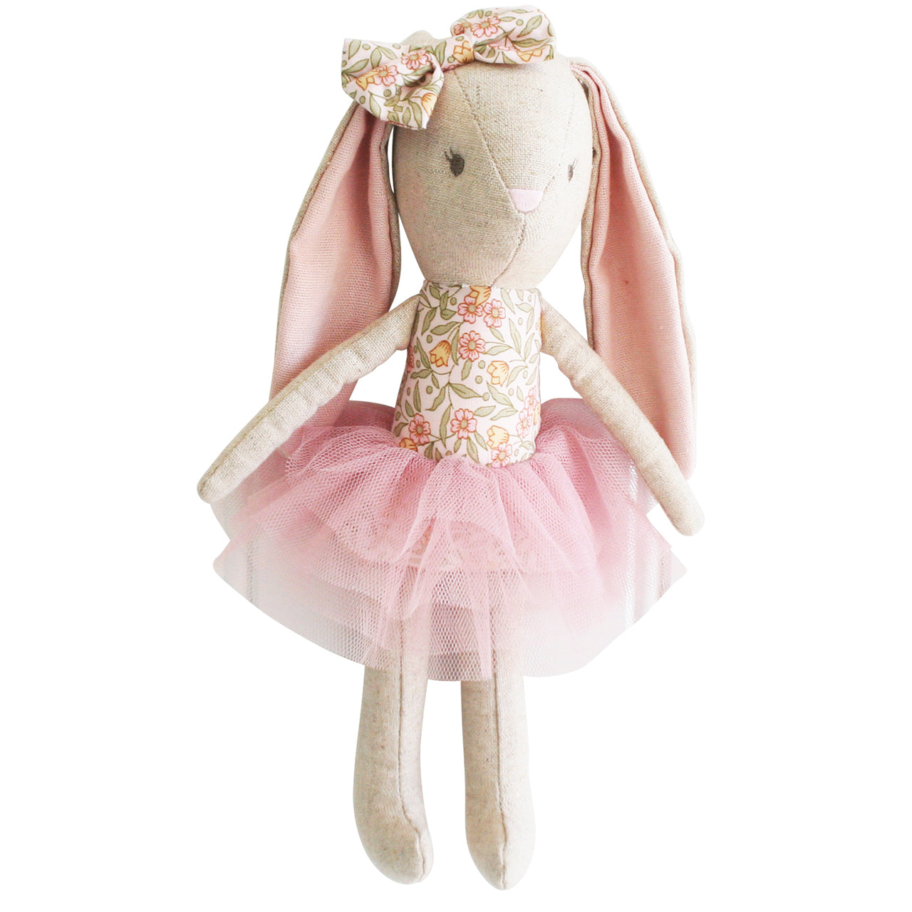 A plush bunny doll with long floppy ears, a floral-patterned bow, and a pink tulle tutu dress, photographed on a plain white background.