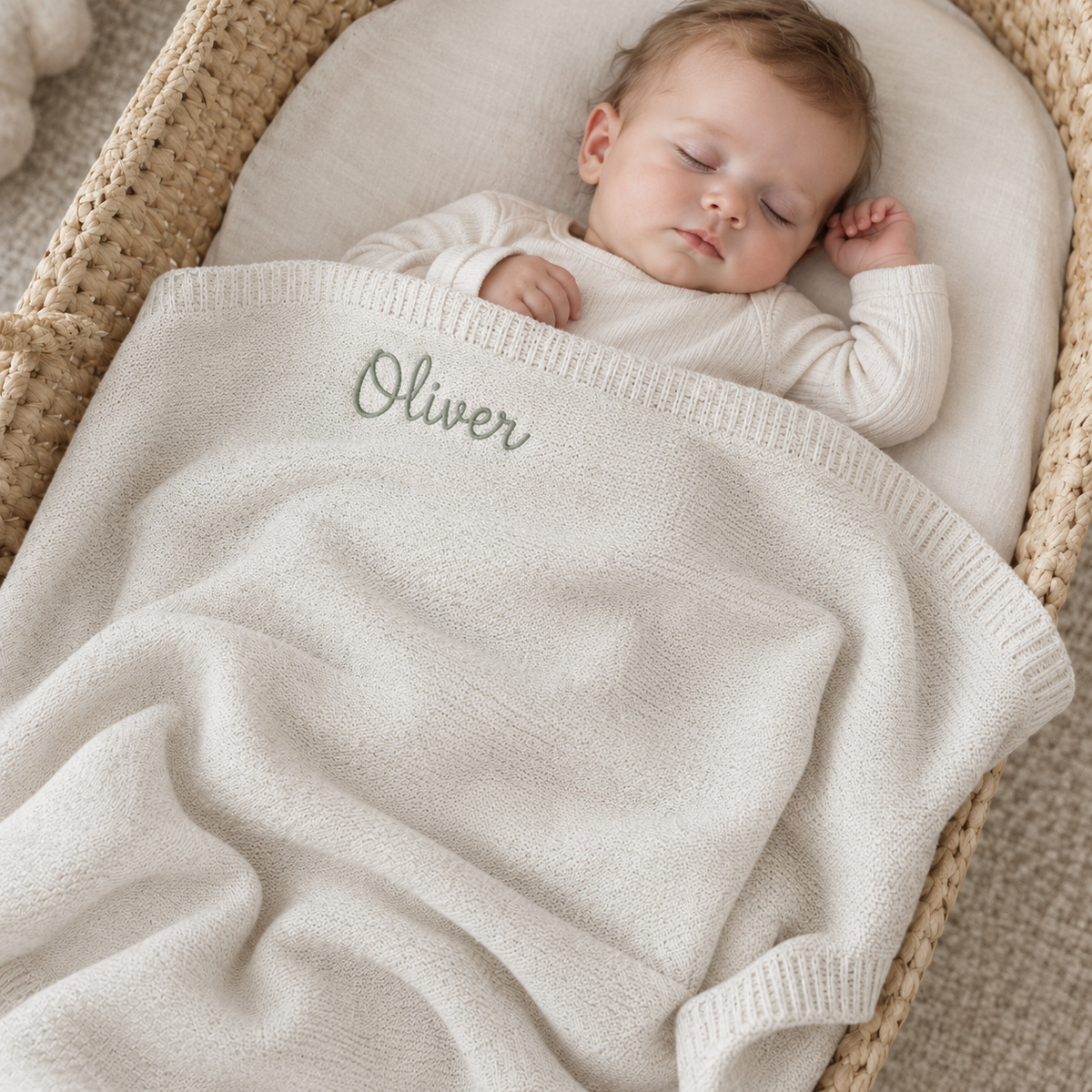 Sleeping baby in Moses basket with knitted personalised baby blanket with name Oliver