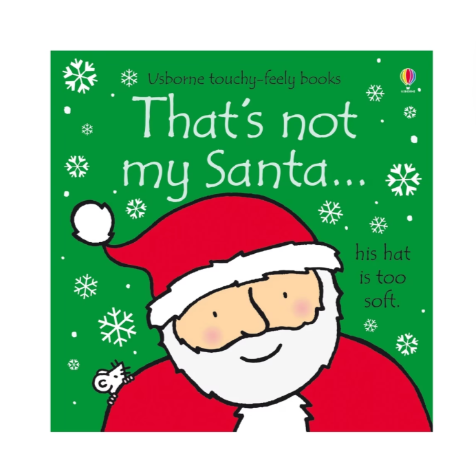 Book cover of 'That's not my Santa' with a cartoon Santa Claus on a green background.