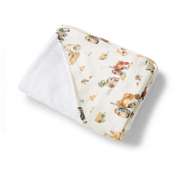 digger and tractor patterned hooded towel folded on a white background