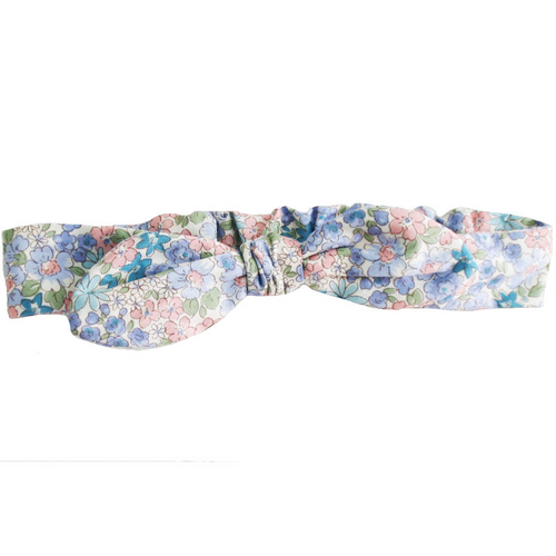 Printed floral headband in pink and blue with a bow