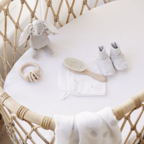 goats hair brush styled in cane cot with baby toys