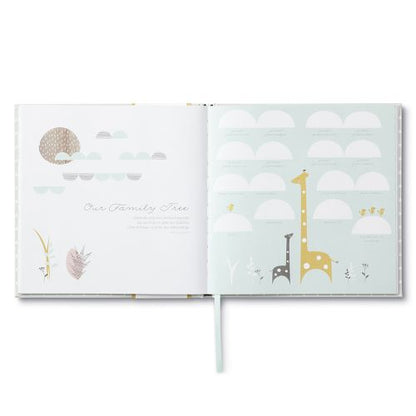 open page inside keepsake journal with giraffe illustration with template to write family tree