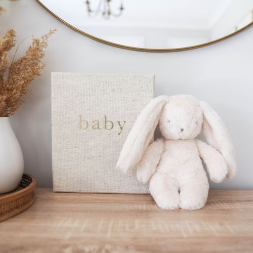 small ivory coloured plush bunny placed on a timber table next to a baby book