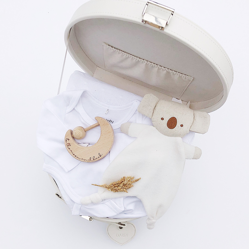 cream keepsake box open with bear comforter and timber teether inside