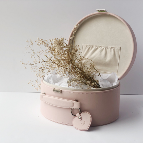 pink keepsake box open and styled with dried flowers