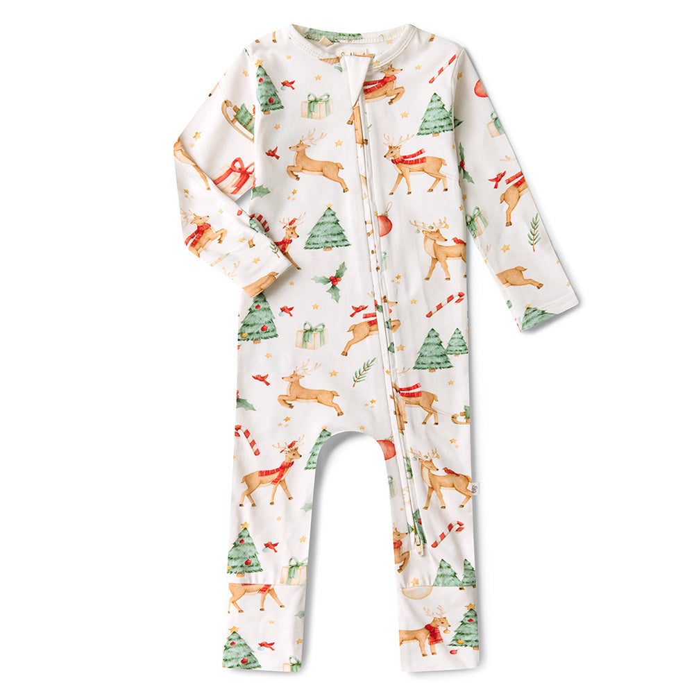 Children's onesie with Christmas-themed pattern on a white background