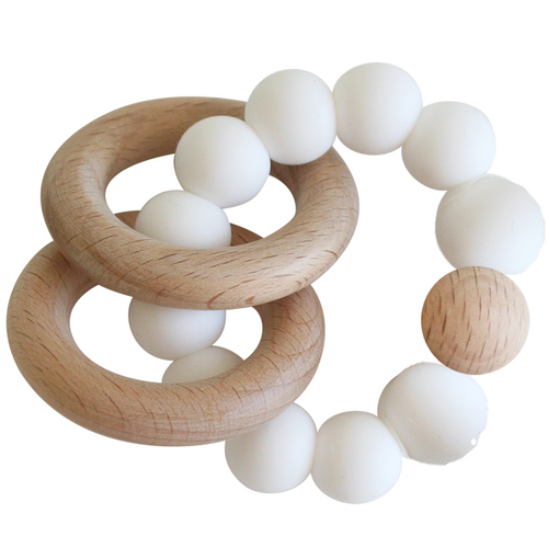 beechwood timber rings with white silicone beads for baby teething